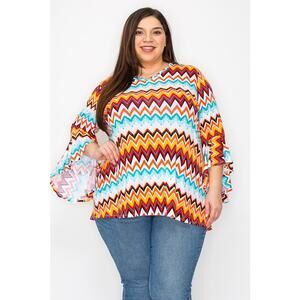 065 Curvy Lovey Chevron Print V-Neck Tunic Top Asymmetrical Sleeves
